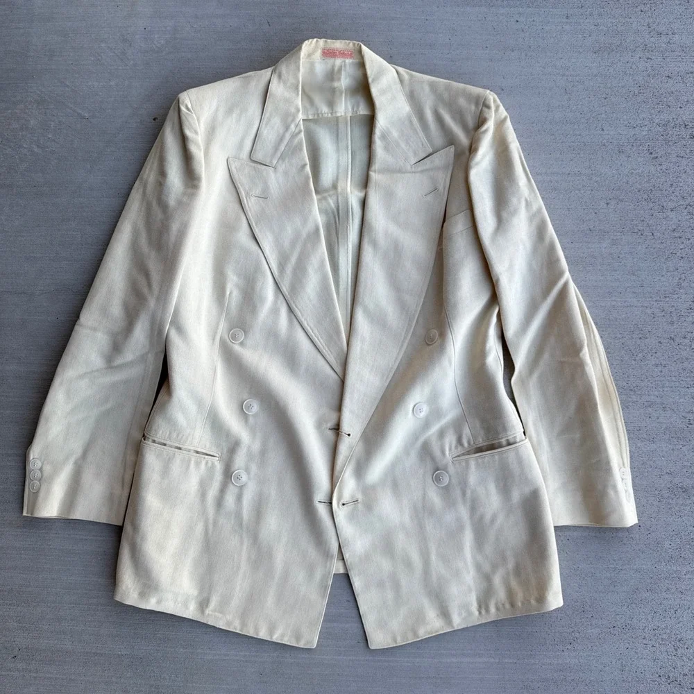 Palm Beach Suit Mens 37 Cream Double Breasted Pleated Cuffed 2 pc Vintage 1940s